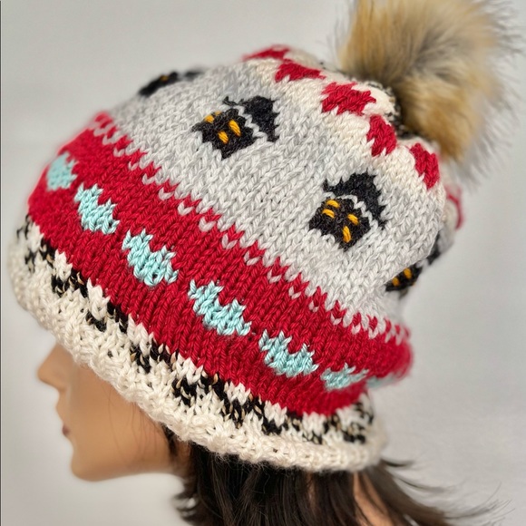 Hand Knits 2 Love Beanie Hat Cap Slouch Hearts Homes Fair-isle Designer Faux Pom main image 6